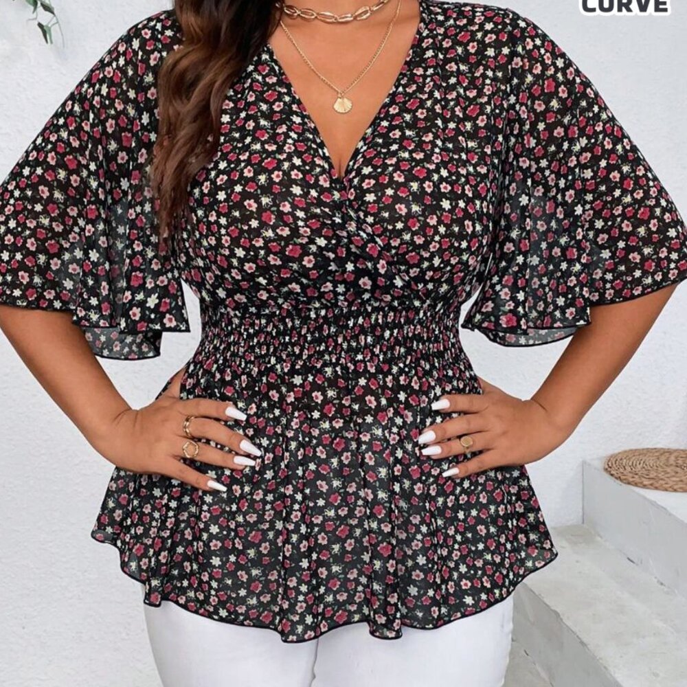 Shein Plus Emery Rose Floral Print Shirred Shirt With Cinching Waist Peplum Top